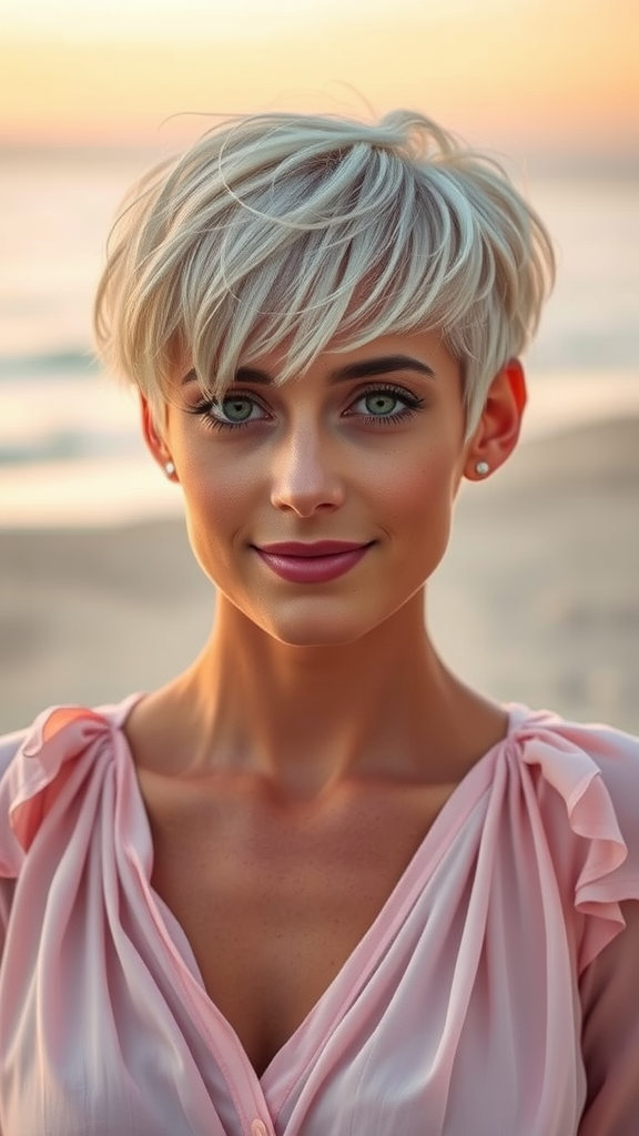 Una mujer con un corte de duendecillo texturizado y ondas suaves, sonriendo a la cámara con un fondo de playa.