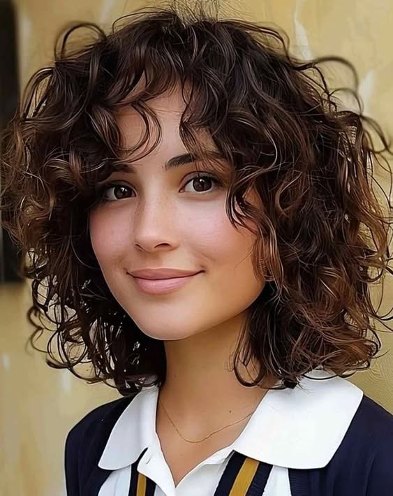 37. Cascading Curls with Whimsical Bangs: a Playful Twist on Short Hair