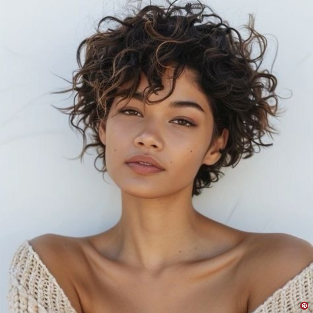 39. Whimsical Waves: Effortless Curly Charm with Playful Bangs