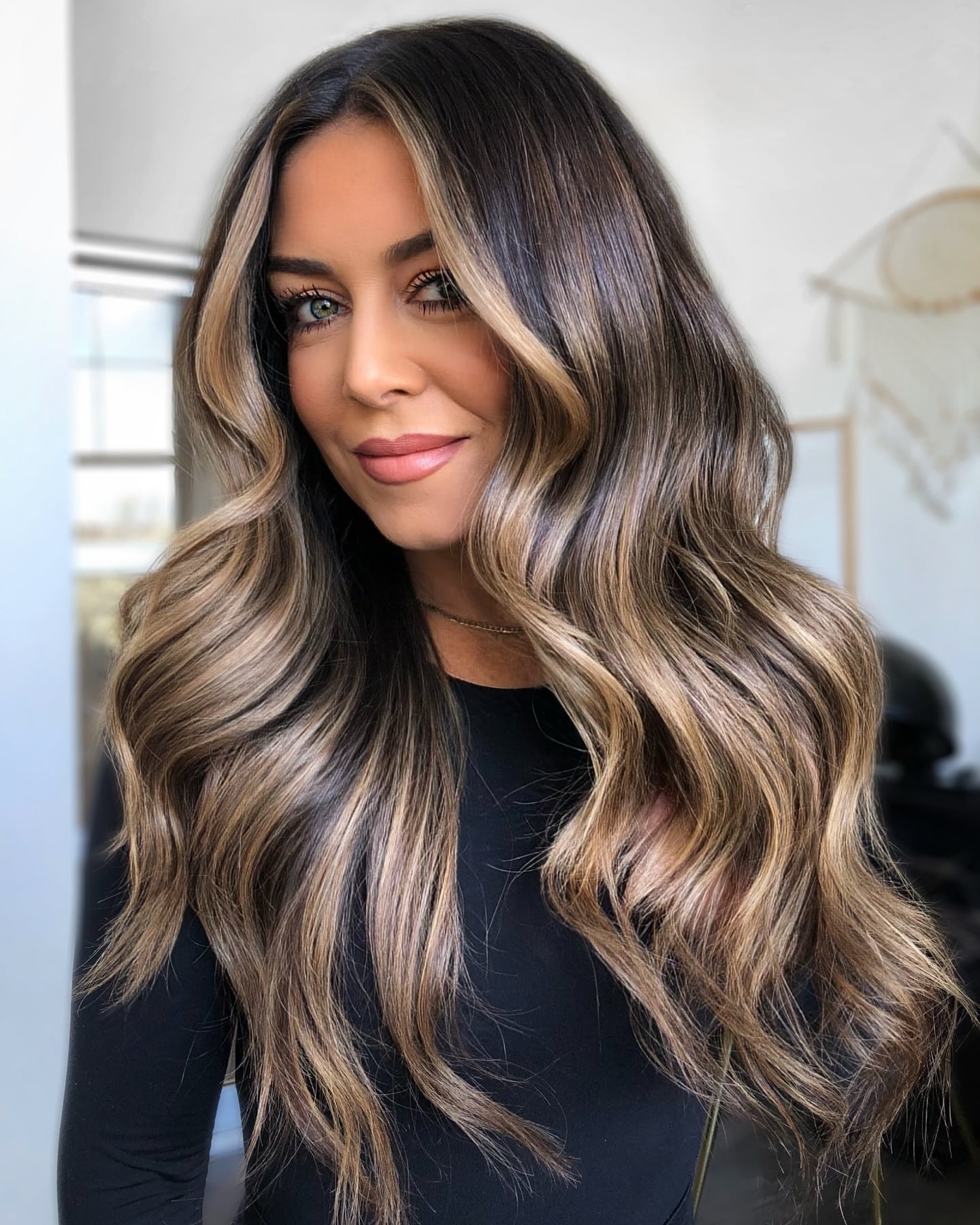 2. Dark Brown Waves with Honey Highlights