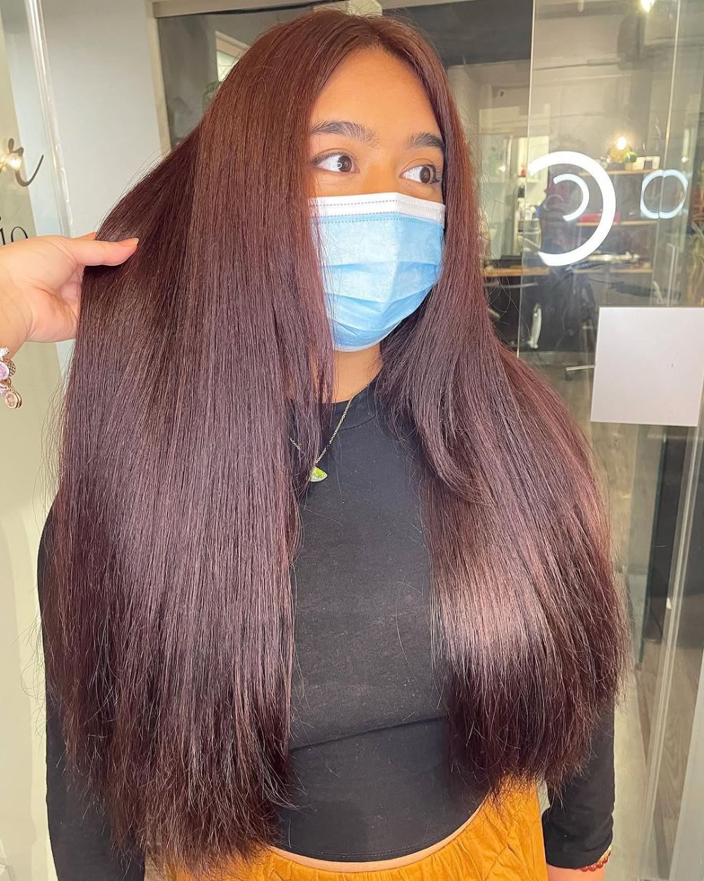 44. Deep Burgundy with Sleek, Long Locks