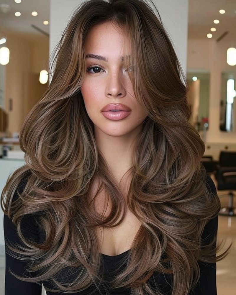 7. Long, Voluminous Layers with Face-Framing Bangs