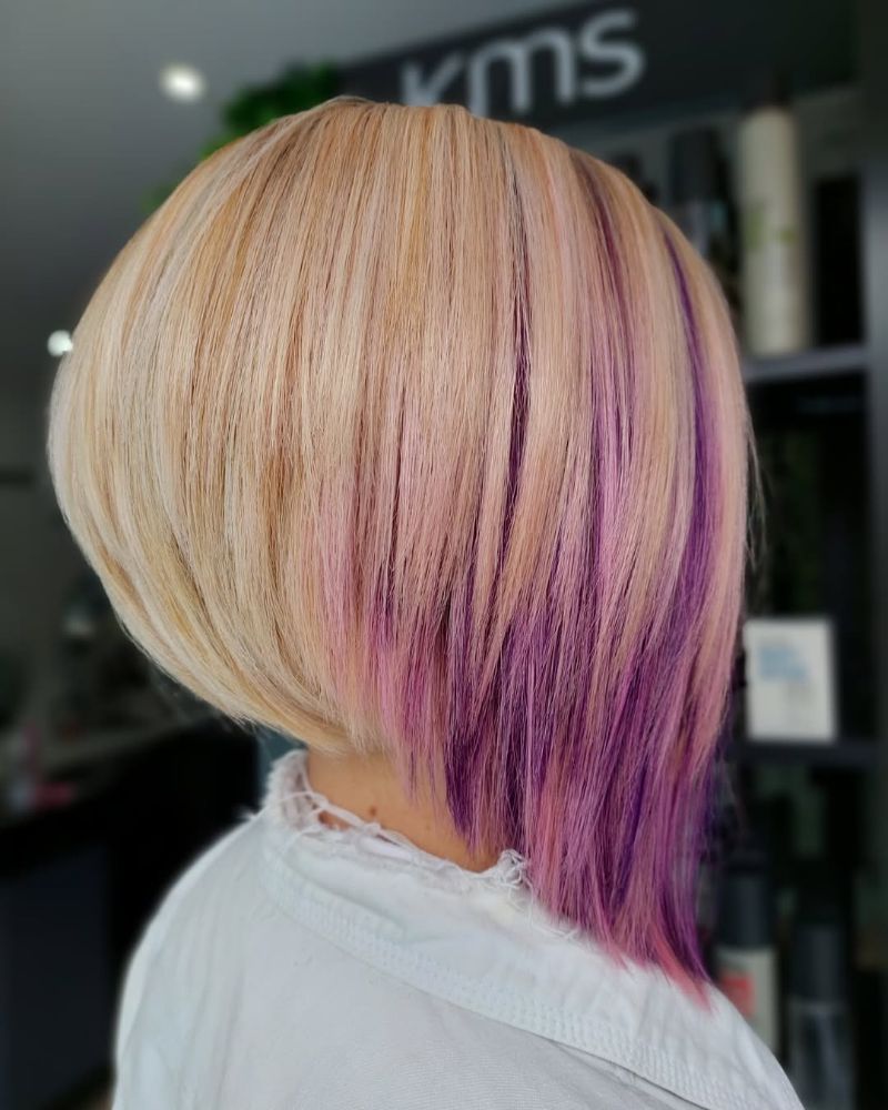 52. Modern Stacked Bob with Vibrant Accents