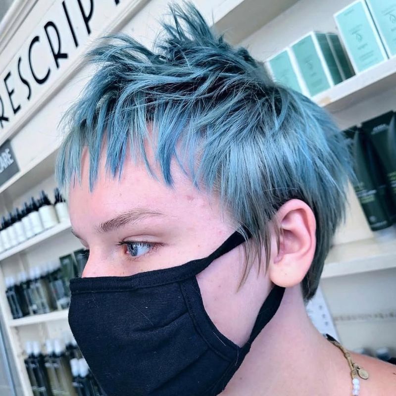 15. Textured Blue Pixie with Fragmented Bangs