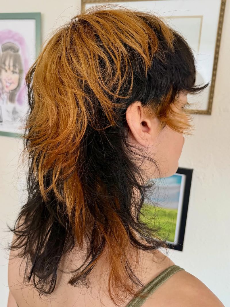 40. Asymmetric Two-Tone Shag with Rust Highlights