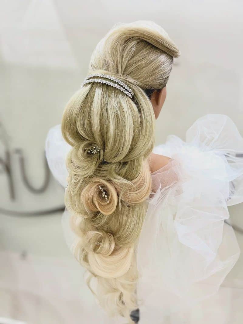 14. Cascading Rose and Ribbon Updo