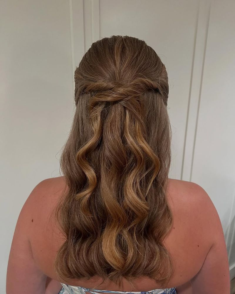 34. Romantic Wavy Half-Up with Crown Braid