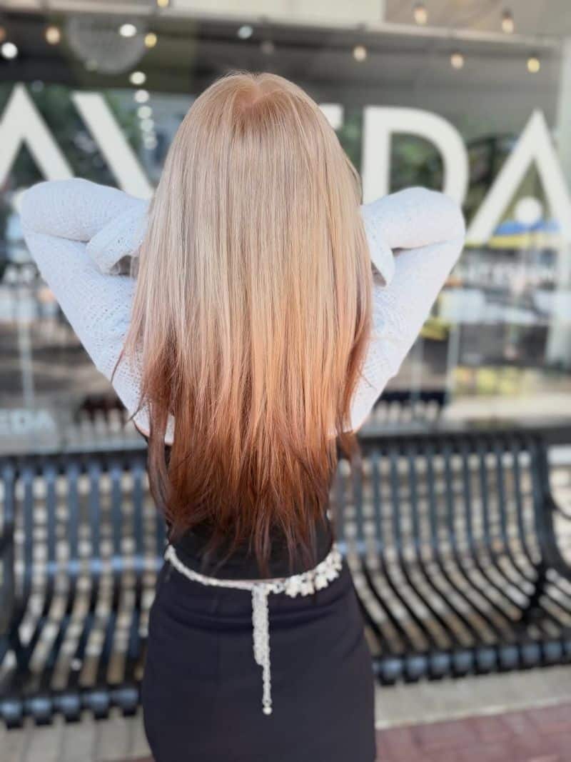47. Rose Gold Ombré with Deep Red Roots