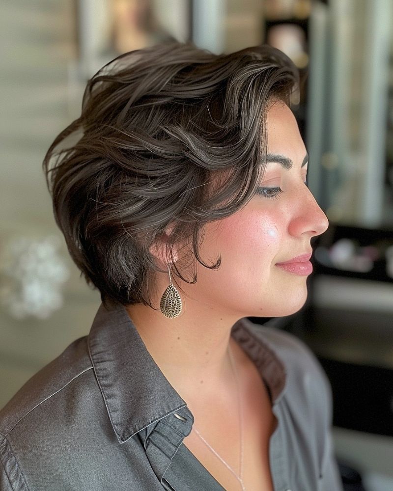 60. Textured Short Layered Cut with Side-Swept Bangs