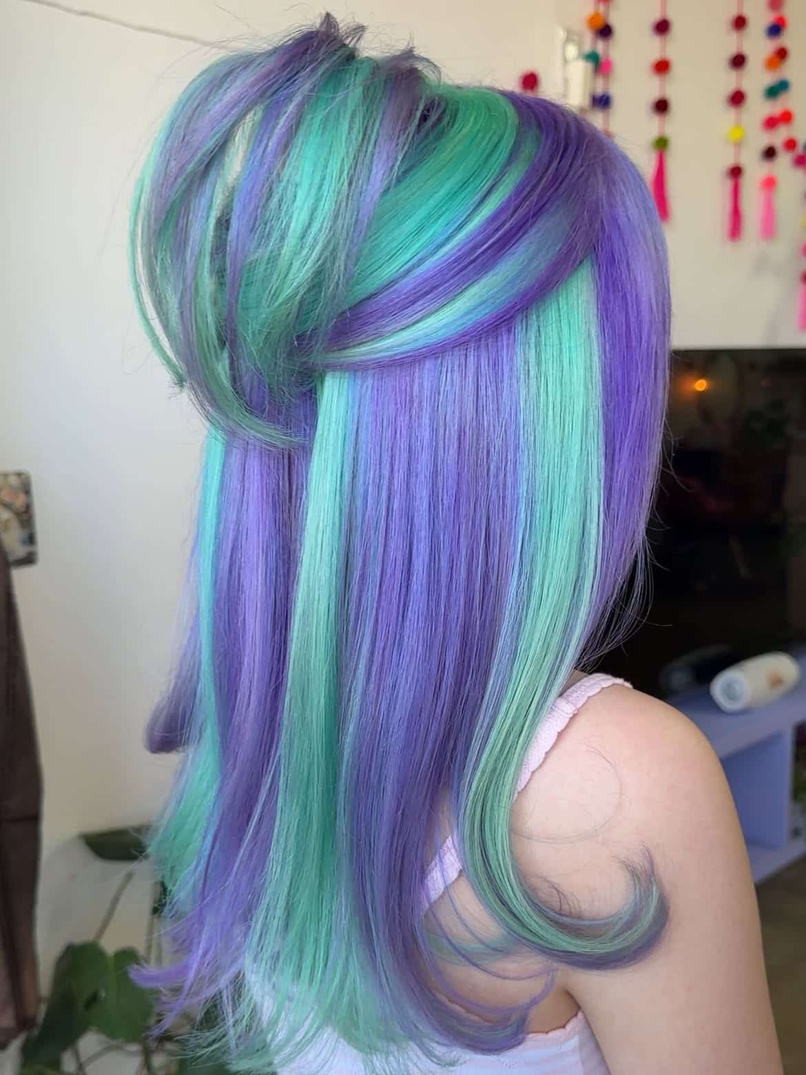 29. Aqua and Violet Half-Up Mermaid Layers