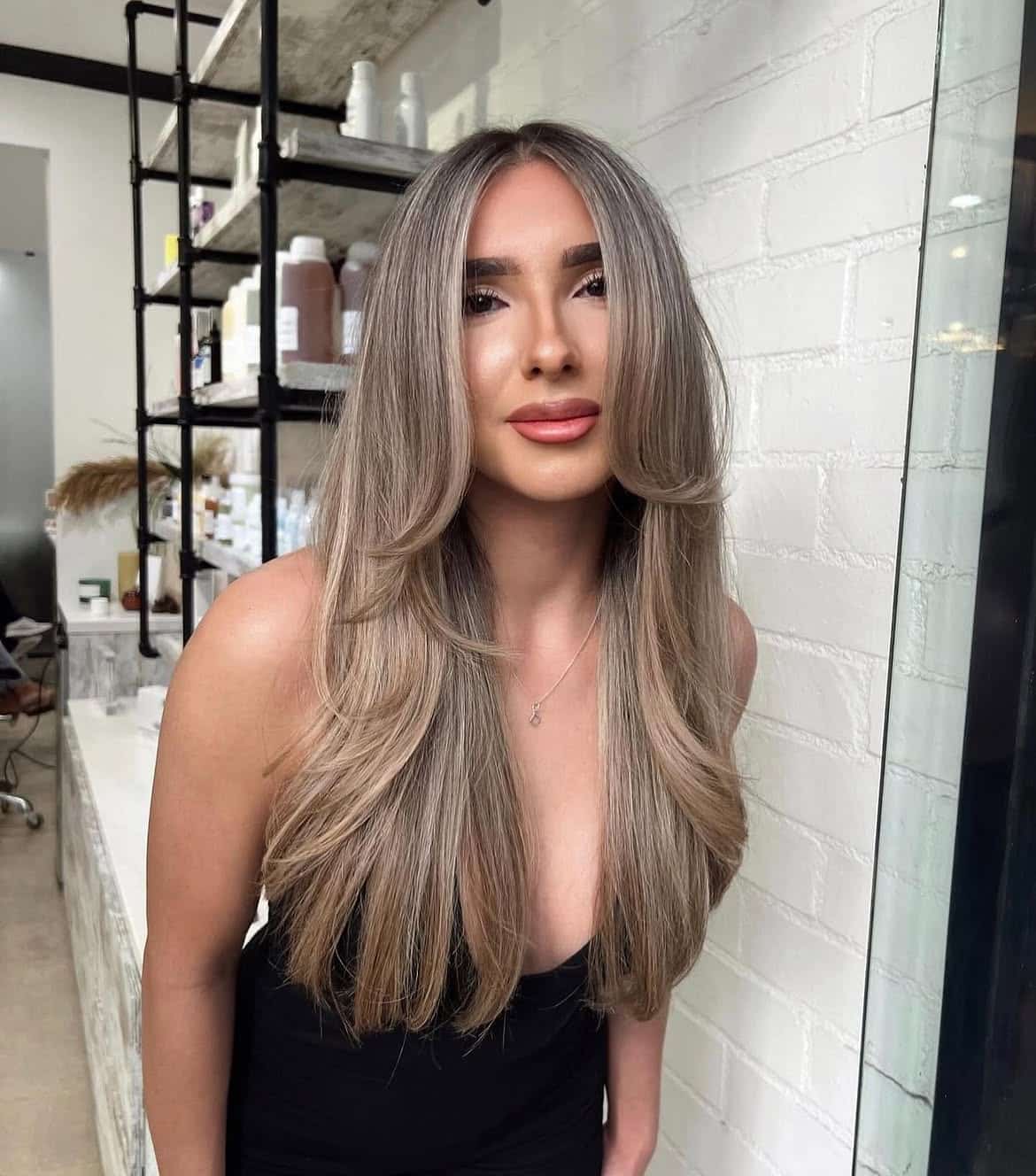 39. Ash Beige Long Layers with Curtain Bangs
