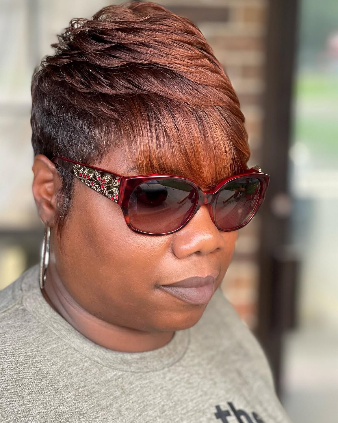 34. Auburn Layered Pixie with Feathered Fringe