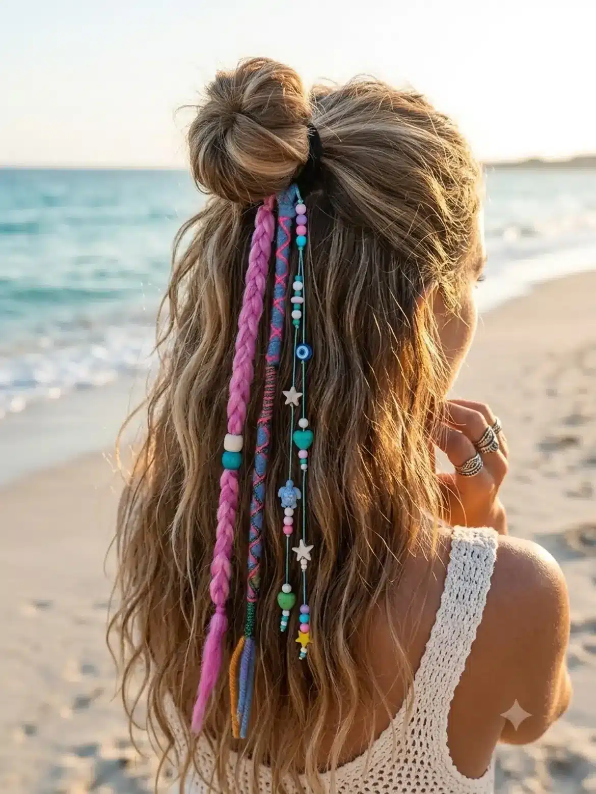 8. Boho Half-Up Top Knot with Beaded Hair Wraps
