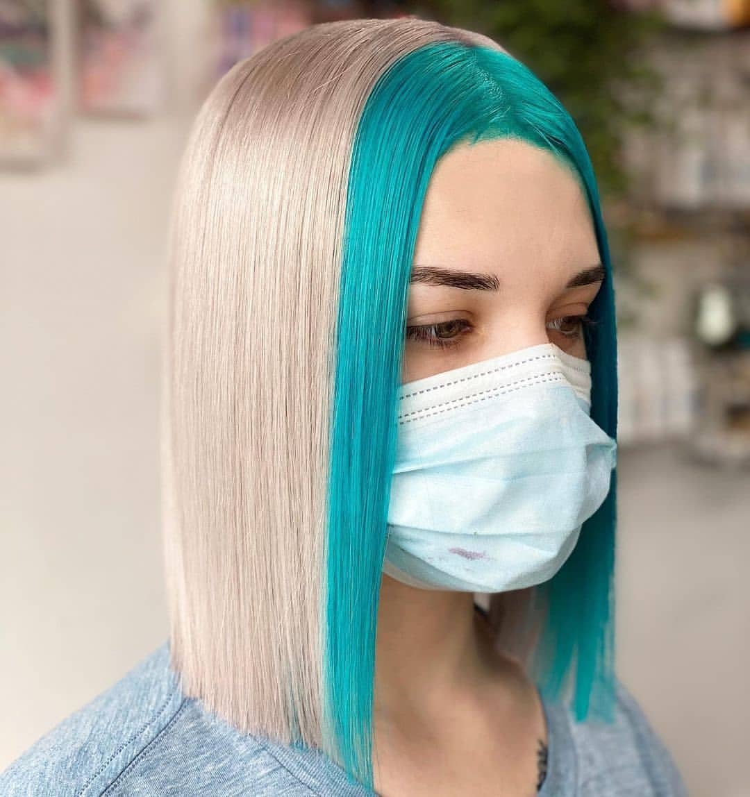 27. Bright Turquoise Money Piece on Platinum Bob