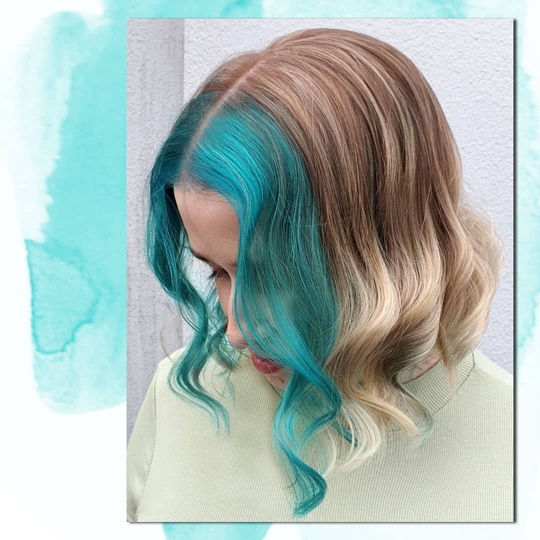 25. Brown and Blonde Hair with Teal Money Pieces