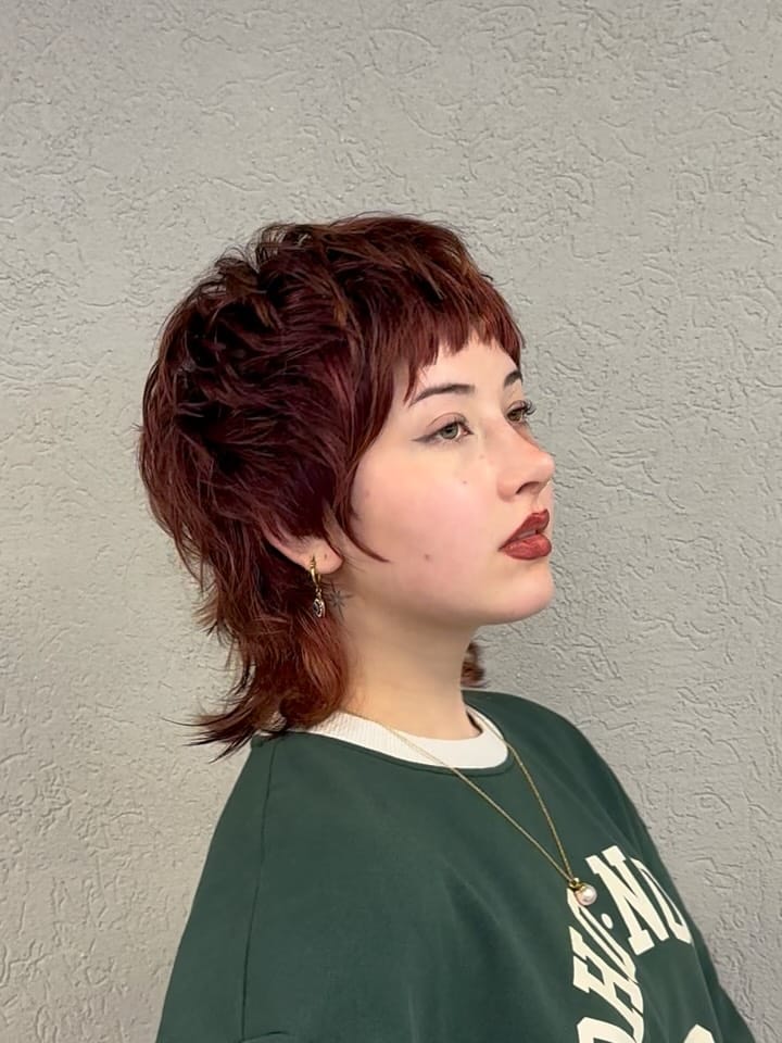 38. Burgundy Shaggy Mullet with Baby Bangs