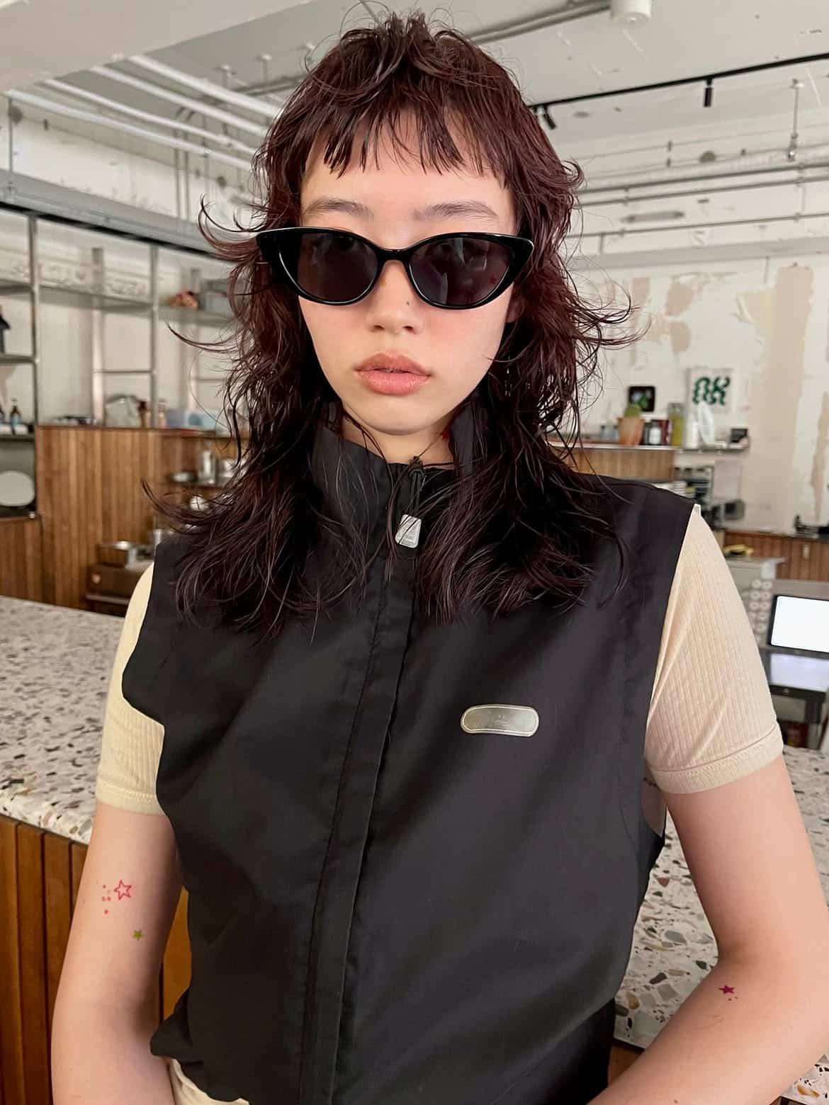 39. Burgundy Wet-Look Shag Mullet with Micro Bangs