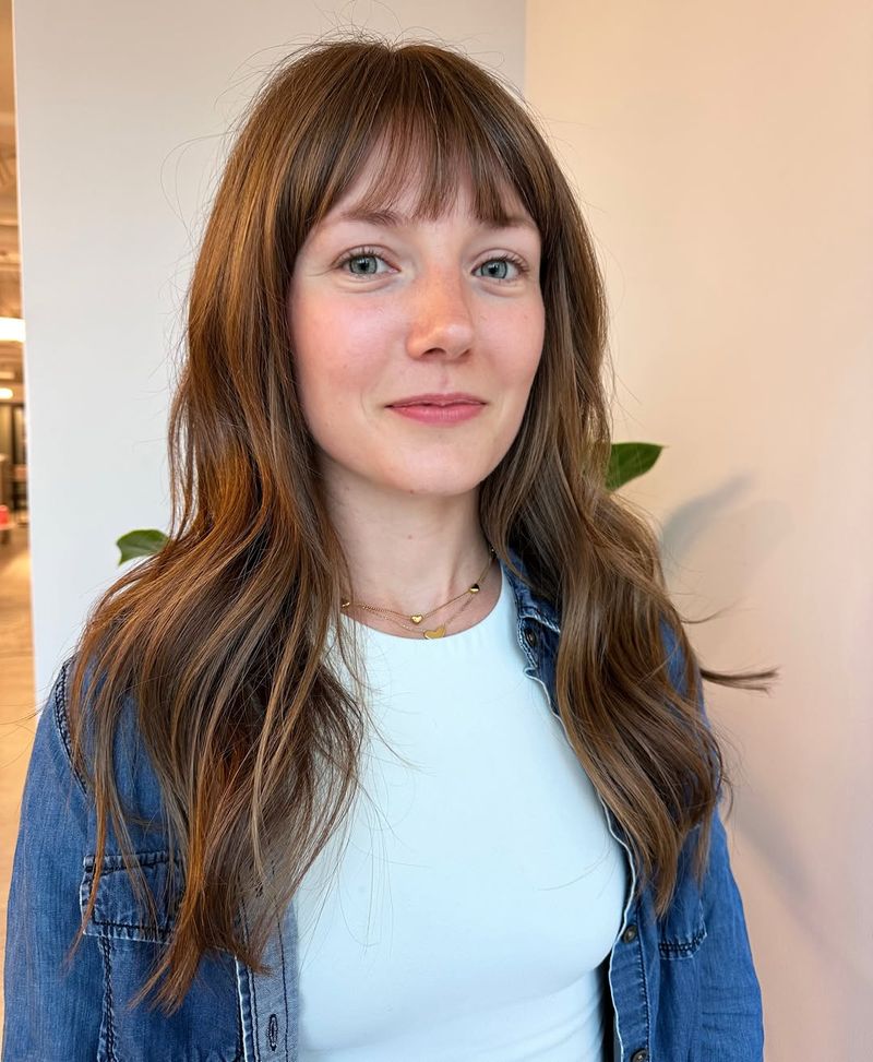 35. Caramel Brown Wolf Cut with Soft Full Bangs