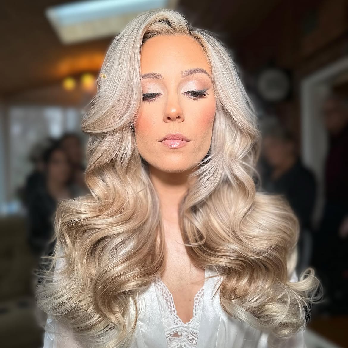 43. Champagne Blonde Hollywood Waves with Deep Side Part