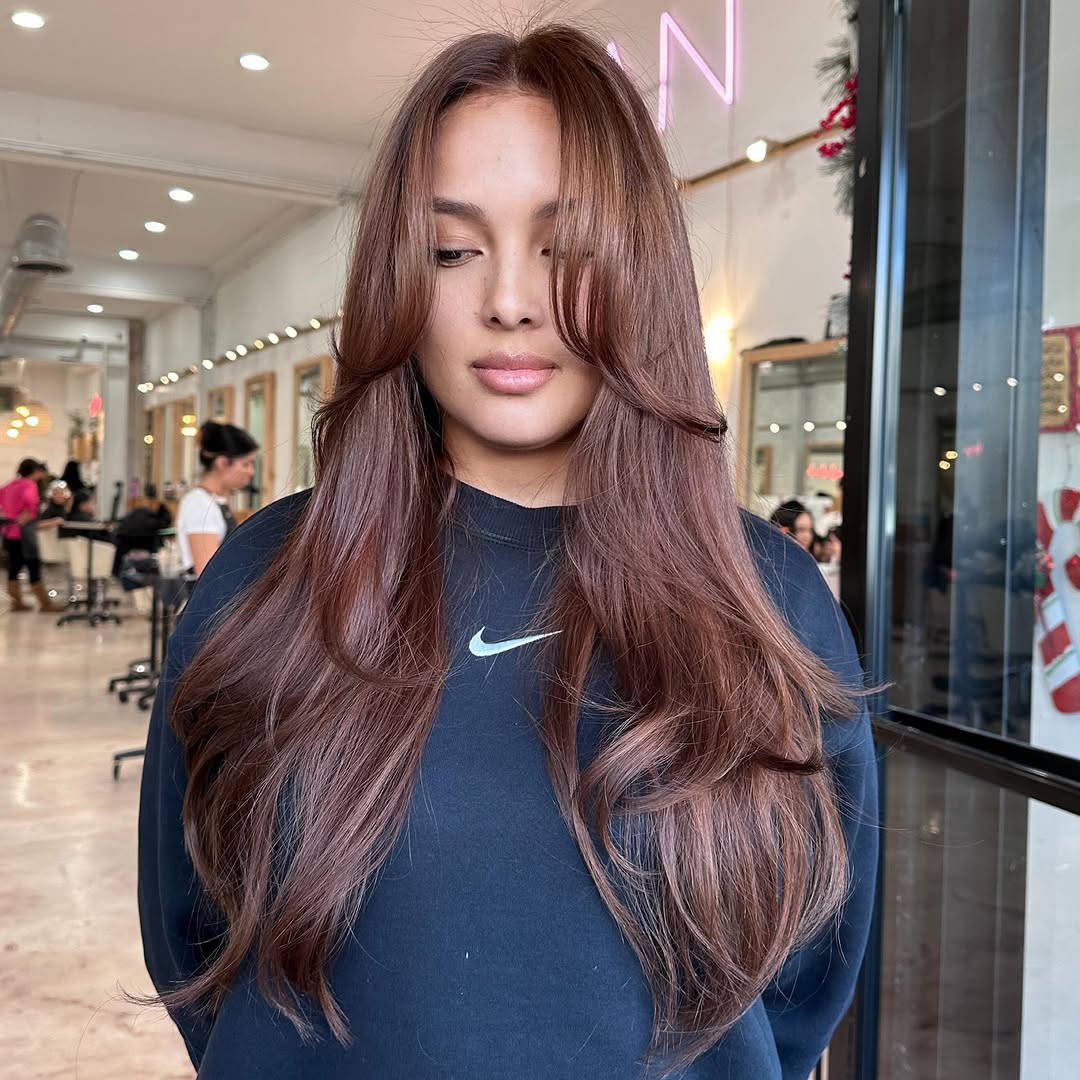 23. Chestnut Blowout with Curtain Bangs