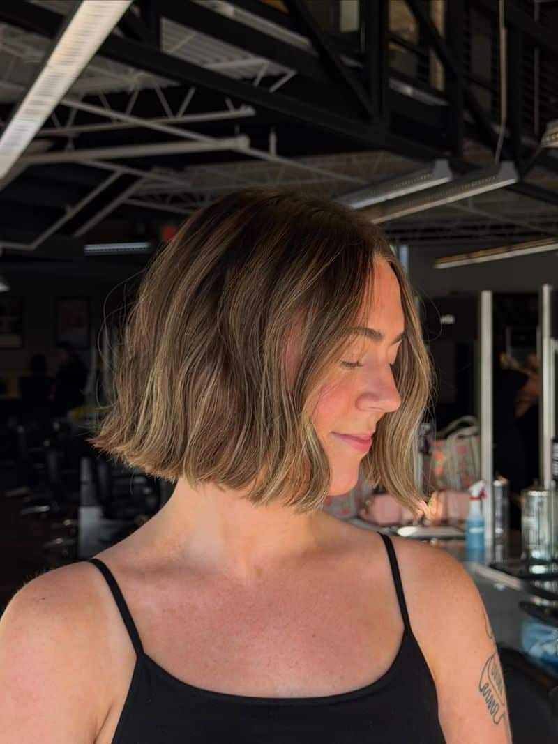 3. Chestnut Brown Blunt Bob with Caramel Highlights