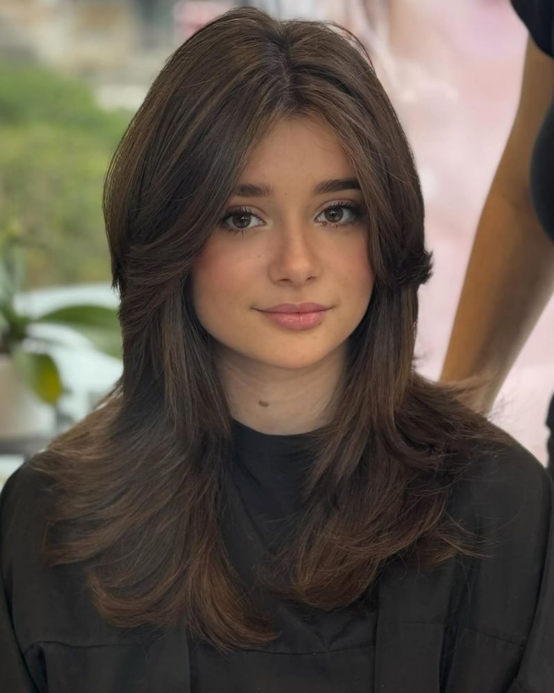 49. Chestnut Brown Butterfly Cut with Soft Curtain Bangs