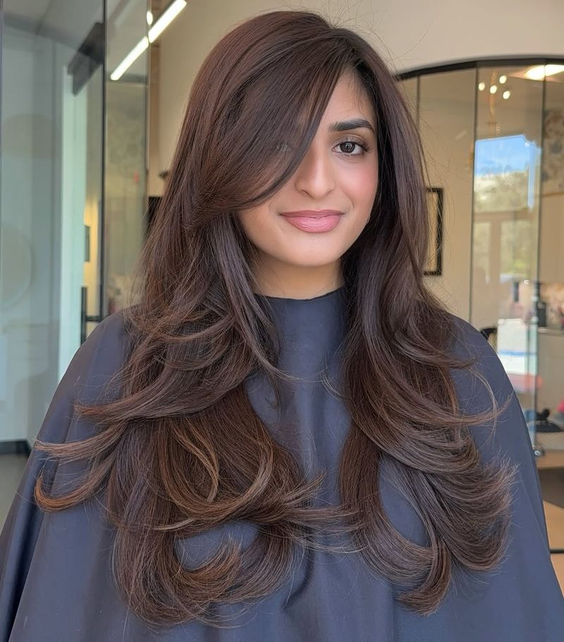 19. Chestnut Butterfly Layers with Deep Side Bangs