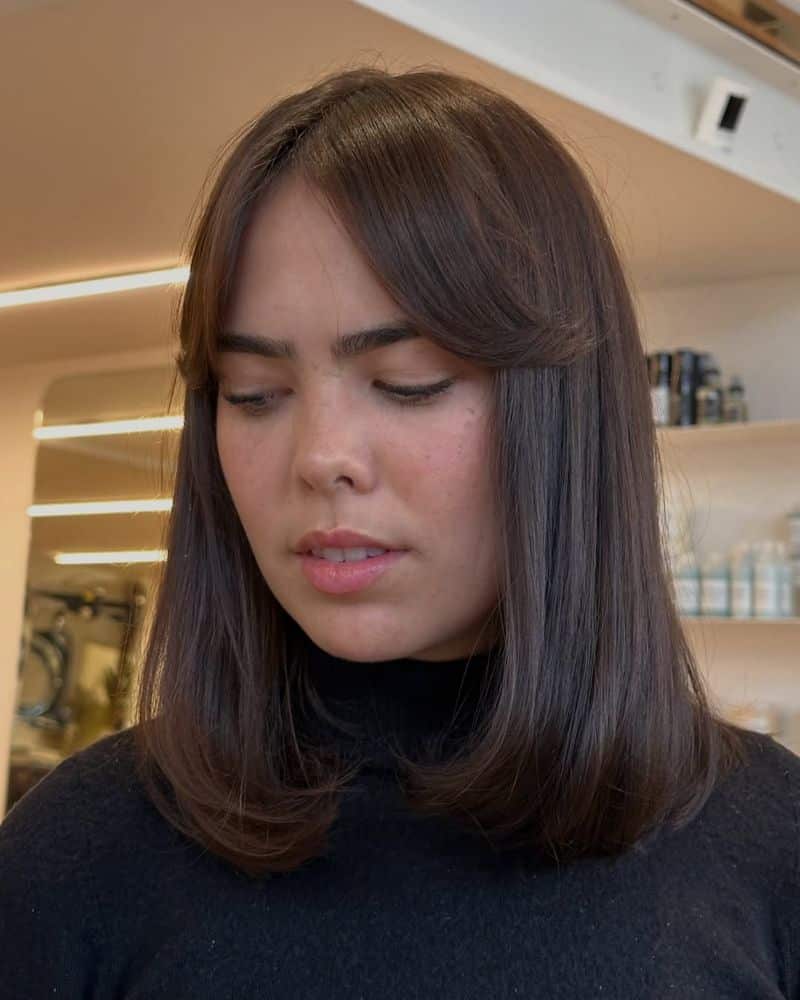 53. Chocolate Brown Lob with Curved Curtain Bangs
