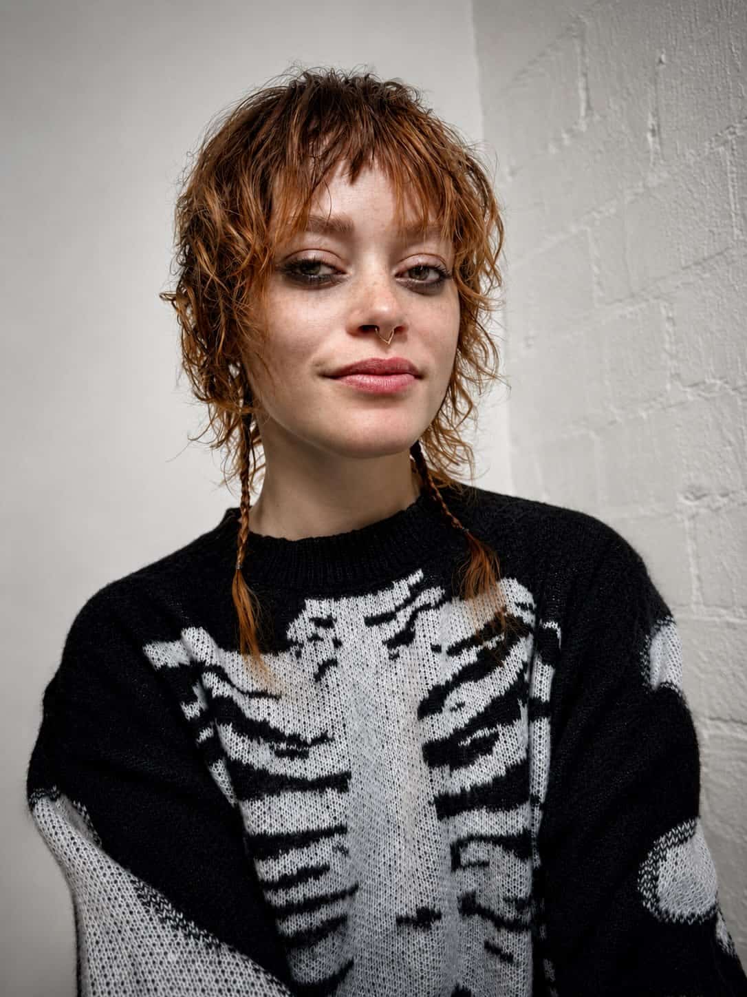 13. Copper Wet-Look Mullet with Baby Bangs and Braided Tails