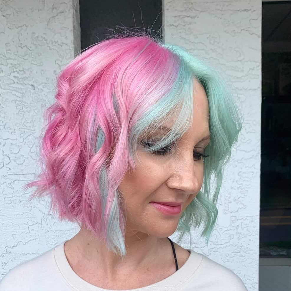 38. Cotton Candy Mint Split-Dye Wavy Bob