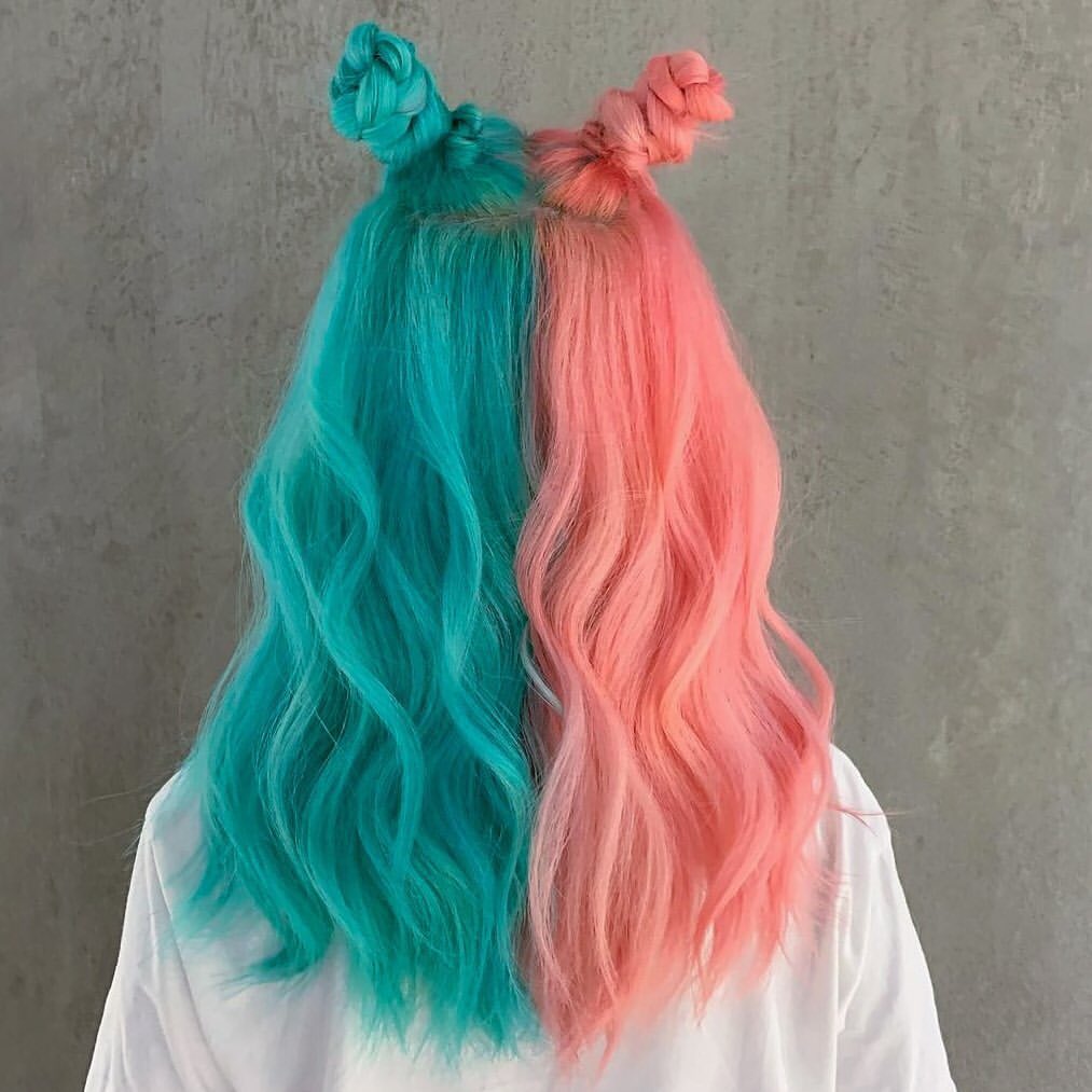 7. Cotton Candy Split-Dye With Braided Space Buns