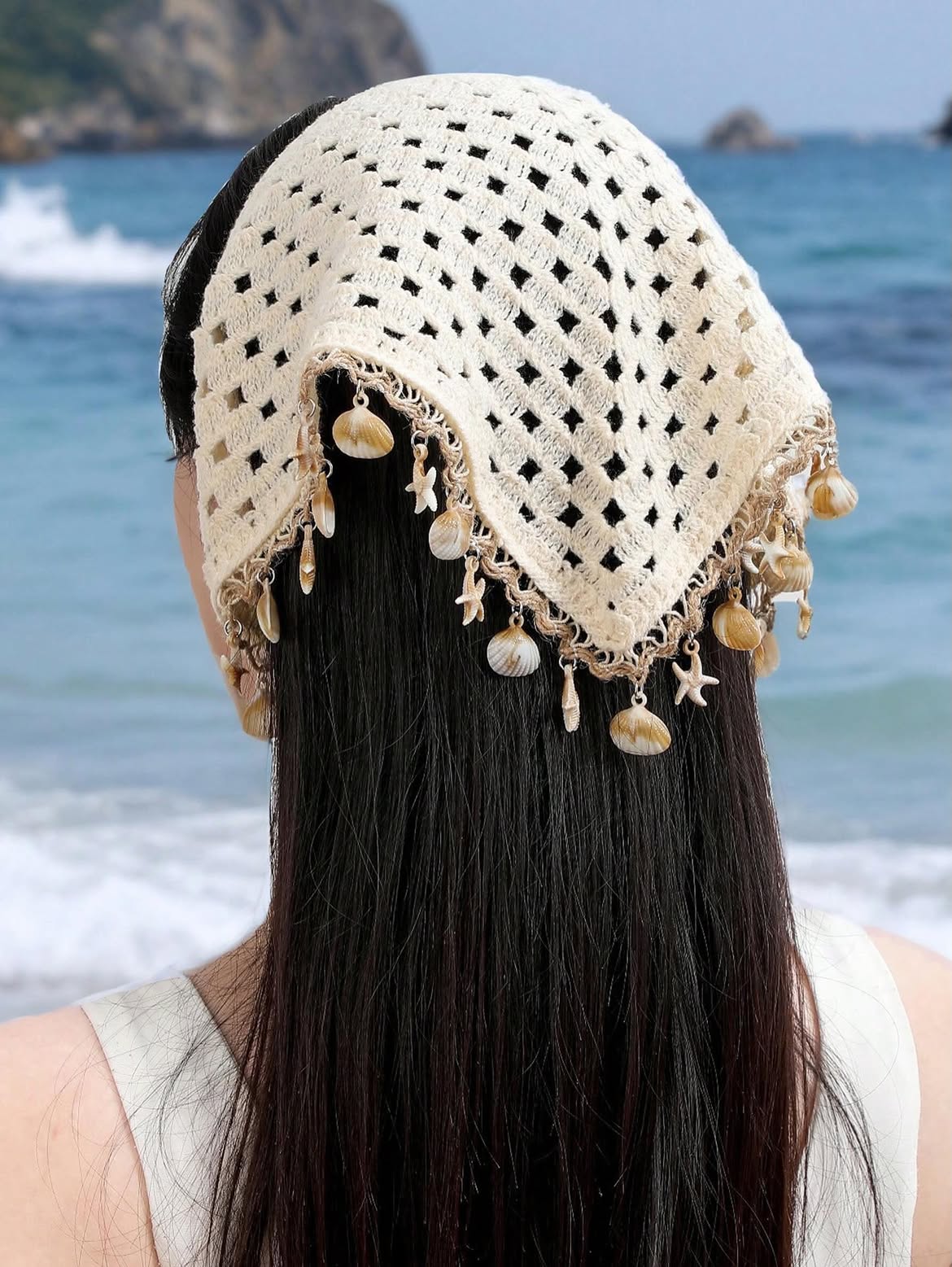 24. Crochet Headscarf with Beachy Shell Charms