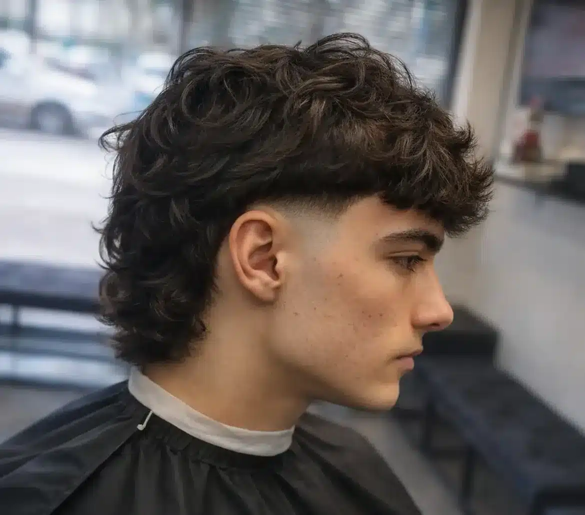 28. Curly Burst Fade Mullet with Textured Fringe