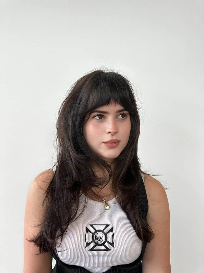 31. Dark Espresso Layered Shag with Full Bangs