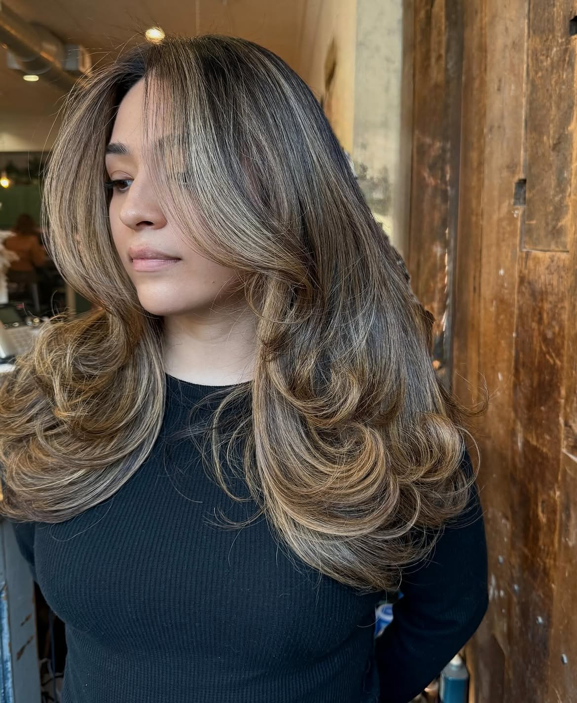 14. Dark Root with Honey Blonde Layers