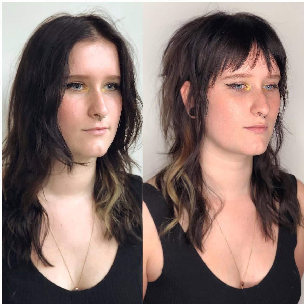 50. Dark Shaggy Mullet with Wispy Bangs and Blonde Peekaboo Ends
