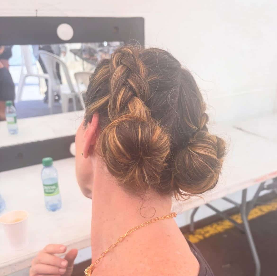 30. Double Braided Buns with Caramel Highlights
