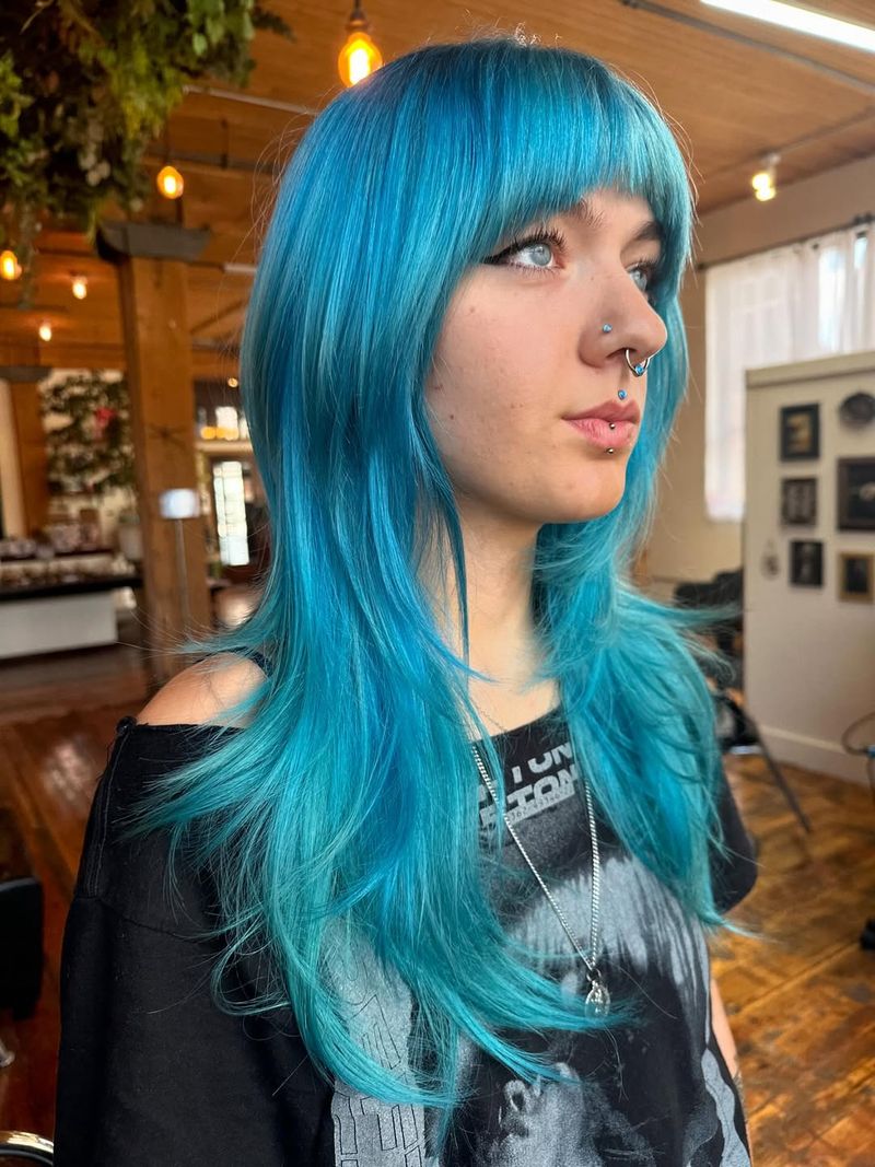51. Electric Cyan Layers with Full Bangs