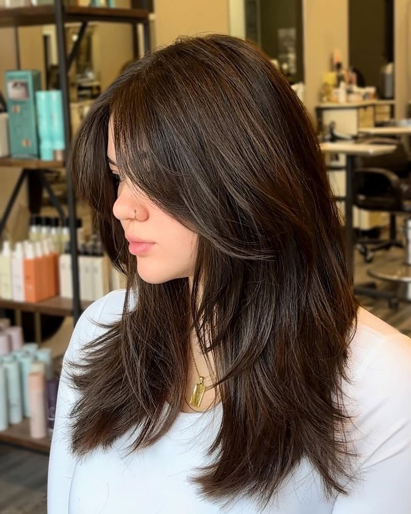 8. Espresso Layers with Curtain Bangs