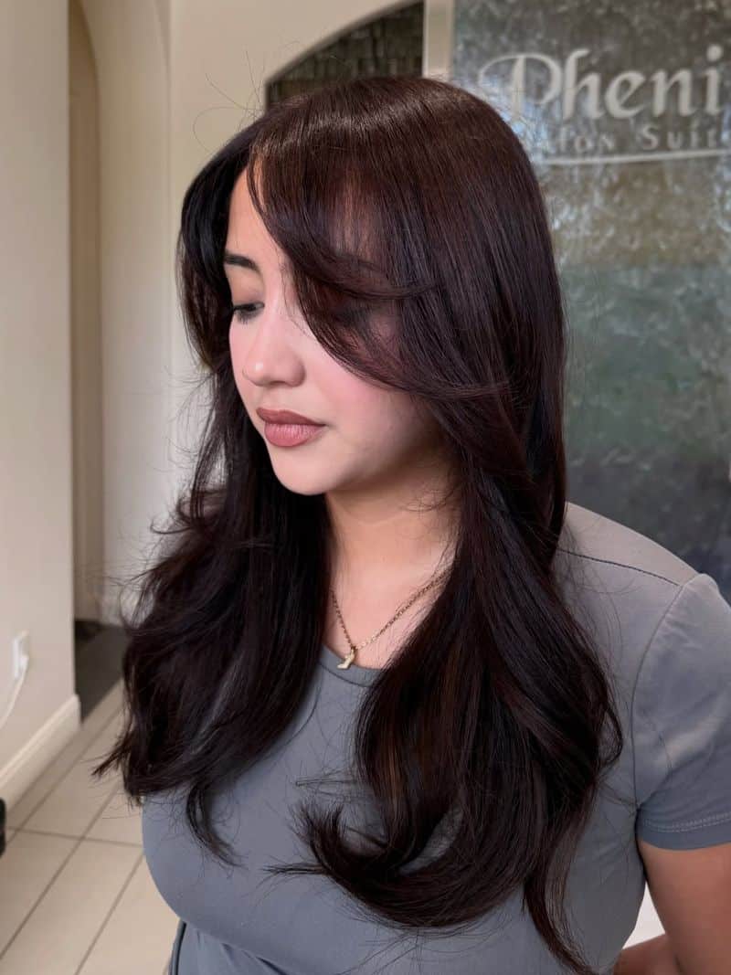 45. Espresso Layers with Side-Swept Bangs
