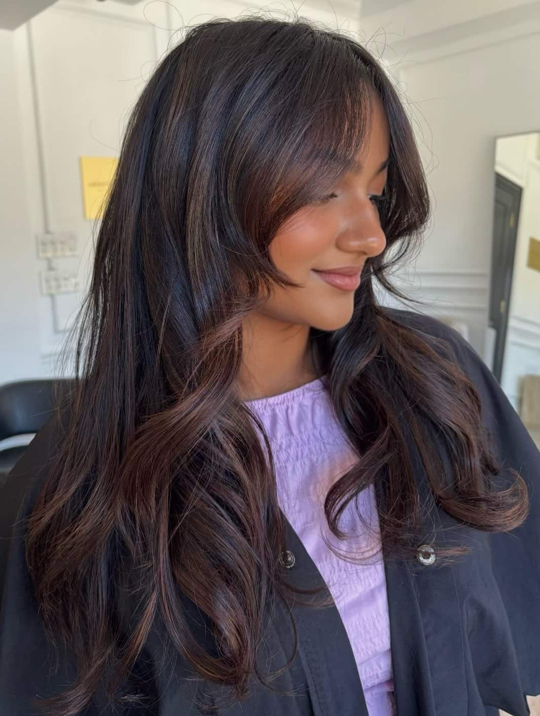 16. Espresso Layers with Soft Curtain Bangs