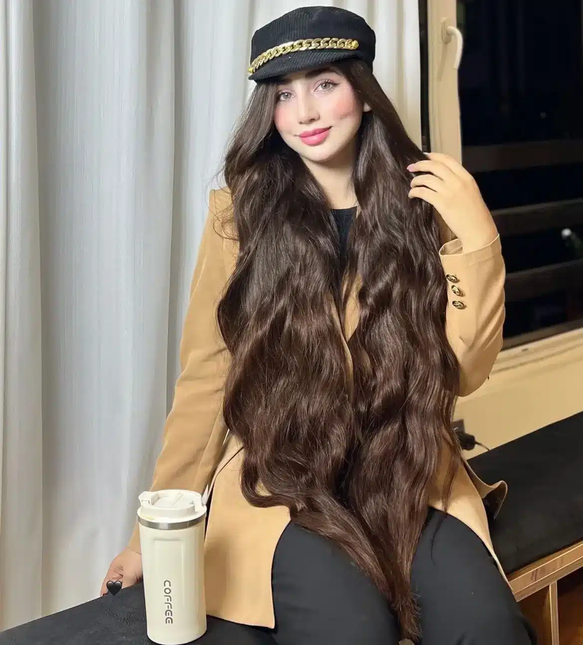37. Extra-Long Espresso Waves Under a Baker Boy Cap