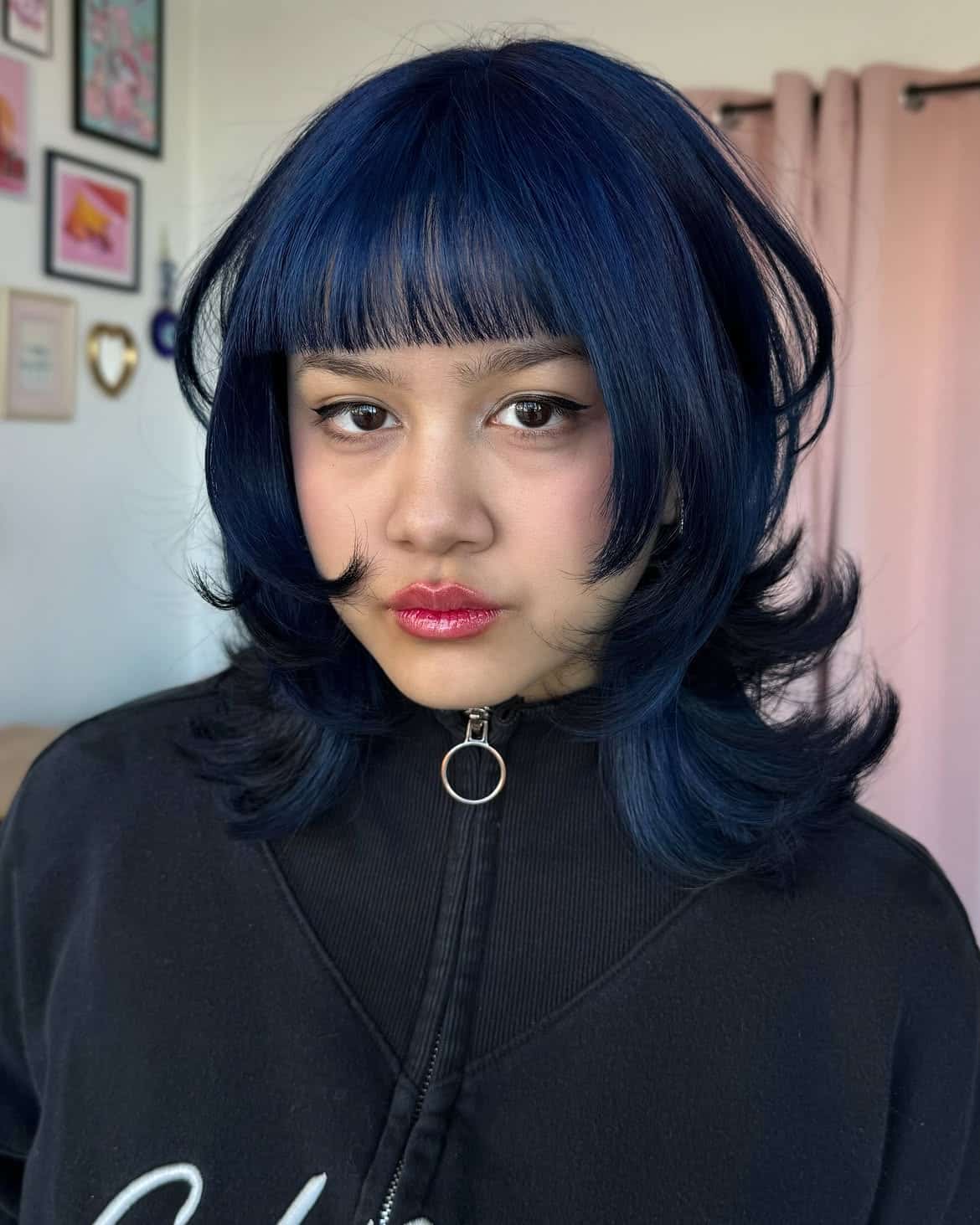 14. Flippy Dark Blue Shag with Blunt Baby Bangs