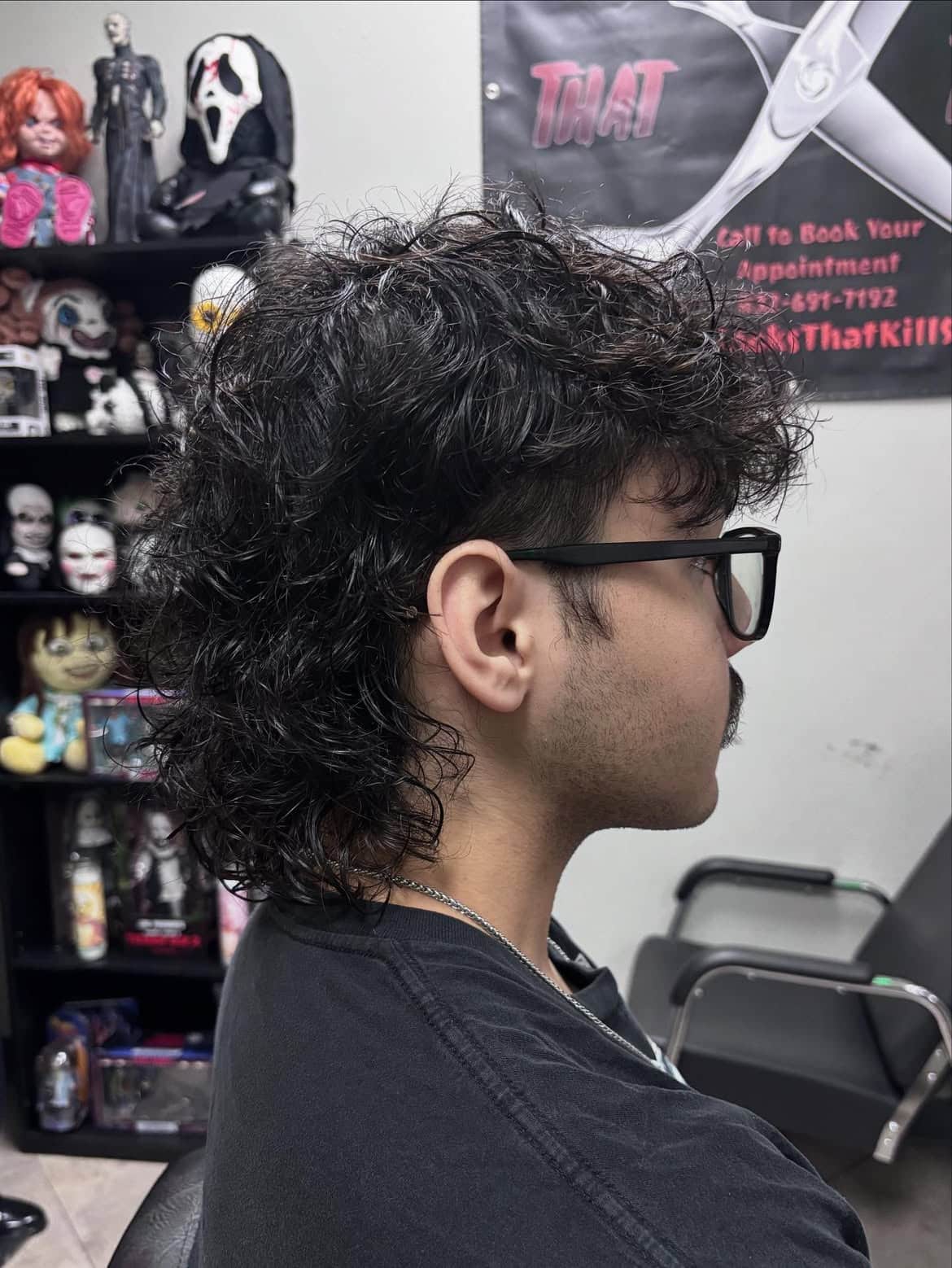 27. Glassy Curly Mullet with Clean Ear Taper