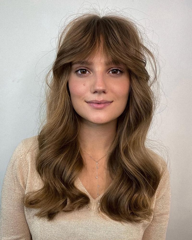 36. Golden Brown Shag with Wispy Center-Parted Fringe