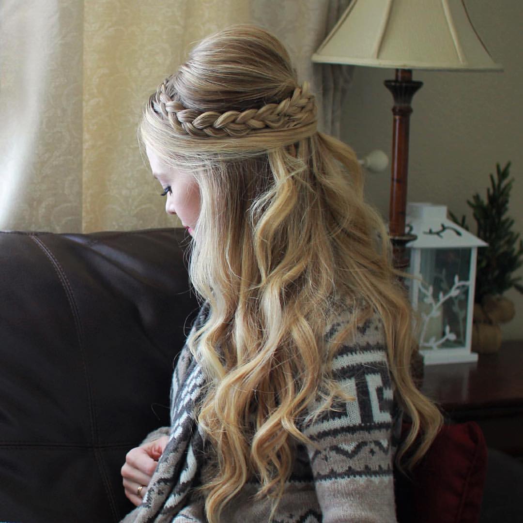 26. Half-Up Braided Crown with Loose Blonde Waves