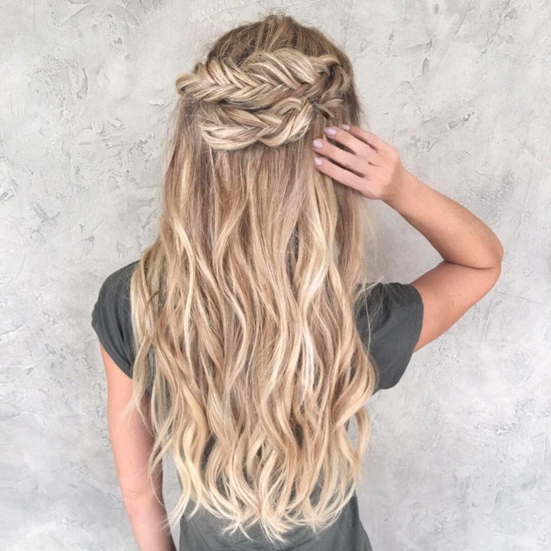 12. Half-Up Fishtail Crown on Long Blonde Waves