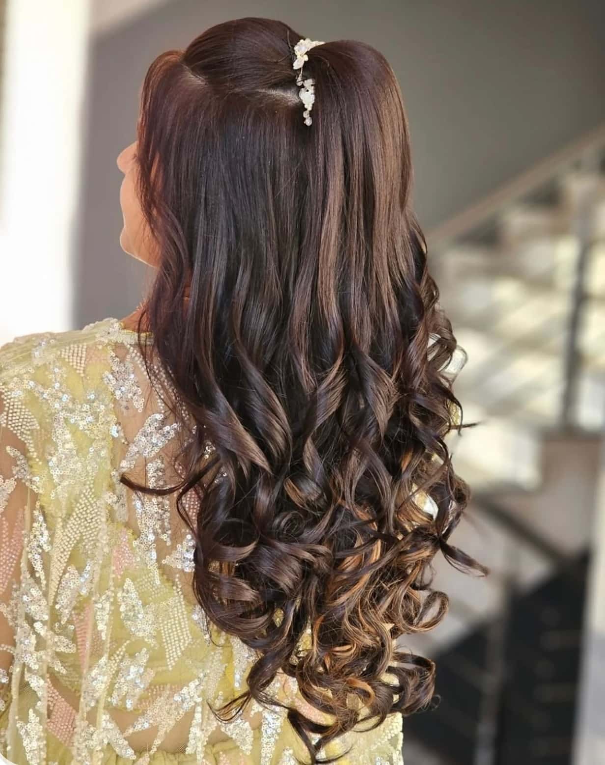 7. Half-Up Soft Curls with Pearl Clip