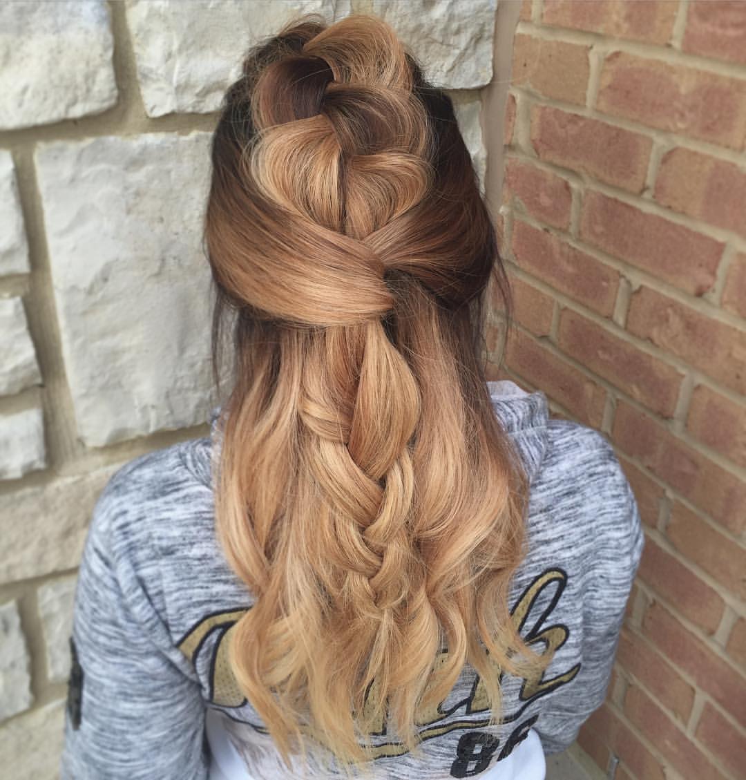 46. Half-Up Waterfall Braid with Honey Blonde Waves