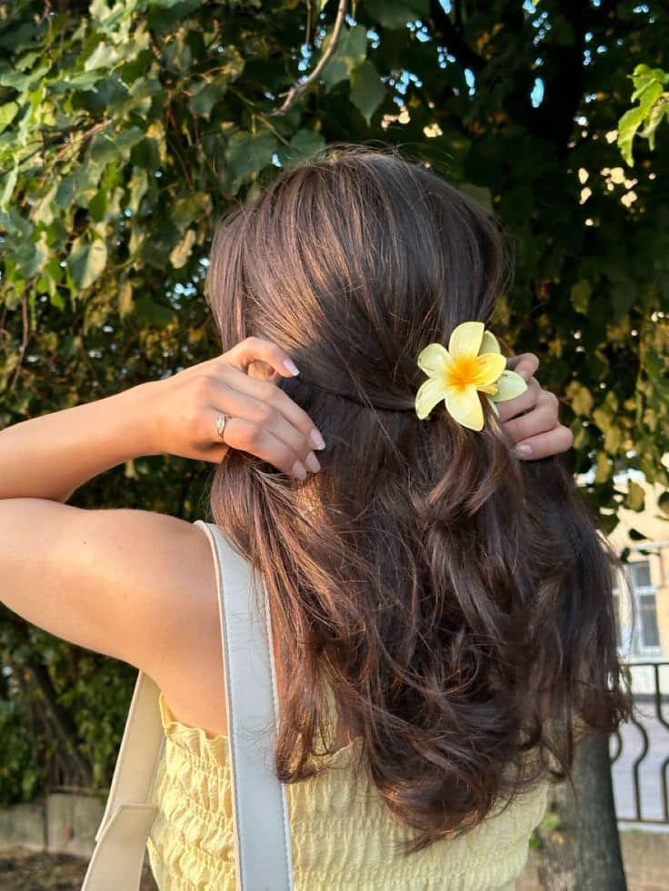 2. Half-Up Waves with Yellow Flower Clip